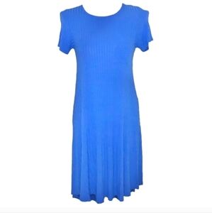 LulaRoe Blue Carly Midi TShirt Dress high Low ribbed stretchy Front pocket sz XS